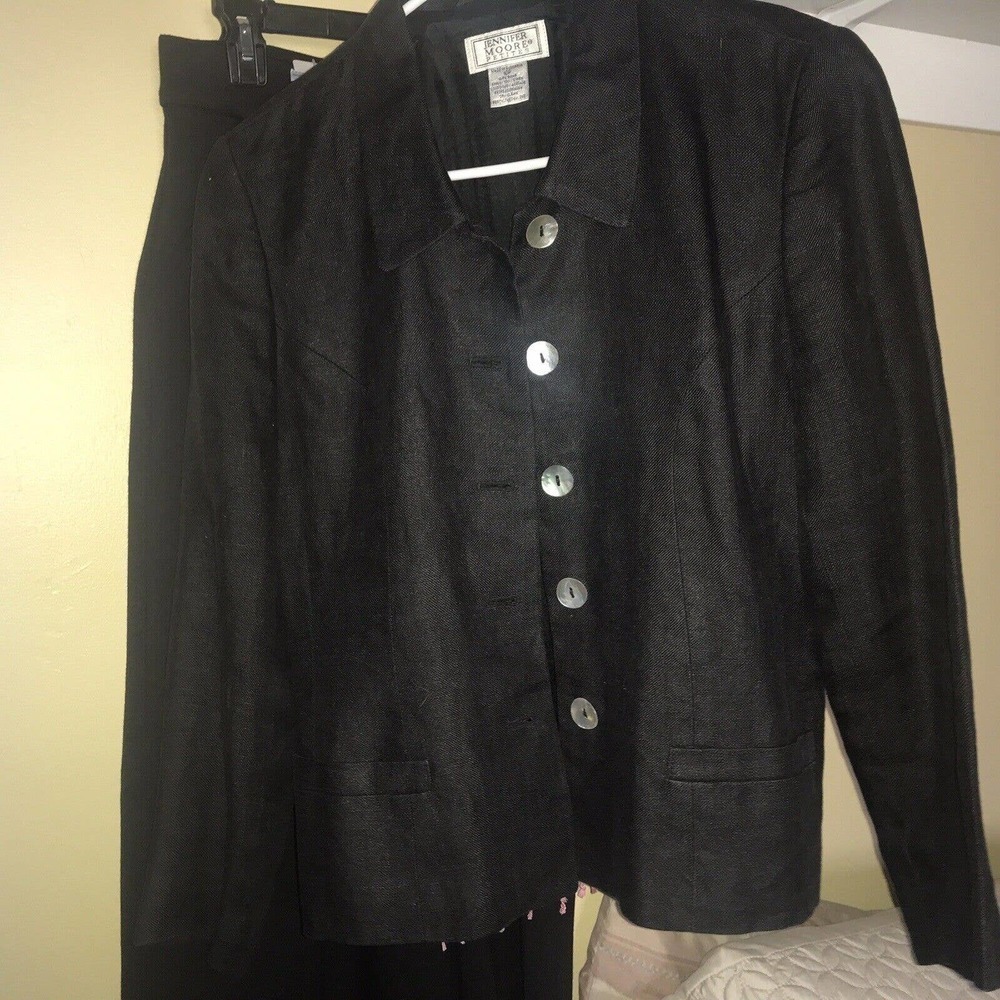 Jennifer Moore Petite Blazer Sz10P Black Linen Mother Of Pearl Buttons NWOT